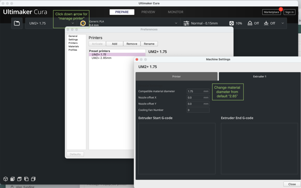 Click down for 'manage printer'. Add a preset, Change default diameter to 1.75mm